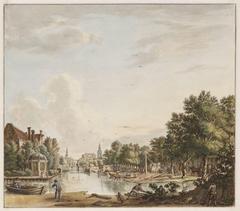 Historical drawing of Plantage Muidergracht with Schans (now Sarphatistraat), Muiderpoort, Keerweer dome, Plantage area, Kerkbrug, Oudezijds Huiszittenhuis, Portugees-Israëlitische Synagoge, Zuidertoren and Westertoren in Amsterdam, 1758