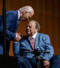 President Joe Biden delivering keynote address at LBJ Presidential Library with Ambassador Andrew Young introducing him
