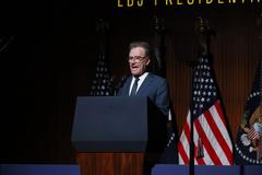 Actor Bryan Cranston reciting remarks by President Lyndon B. Johnson at LBJ Presidential Library