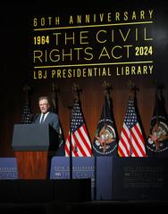 Actor Bryan Cranston reciting remarks of President Lyndon B. Johnson during 60th Anniversary of Civil Rights Act at LBJ Library