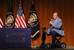 President Joe Biden delivering keynote address at LBJ Presidential Library with Ambassador Andrew Young introducing him