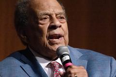 President Joe Biden giving keynote address at LBJ Presidential Library with Ambassador Andrew Young introducing him