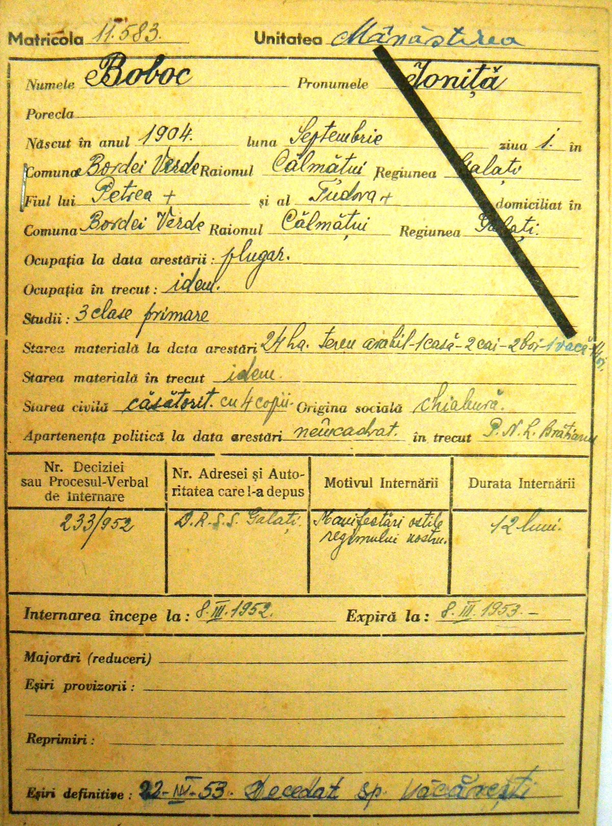 Archive document of political prisoner Ioniţă Boboc from Bordei Verde commune