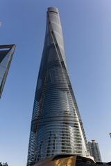 View of the Shanghai Tower from below showing its twisting architectural design
