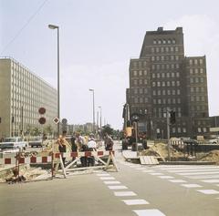 Roadworks at Rhijnspoorplein in Amsterdam cityscape on July 17, 1970