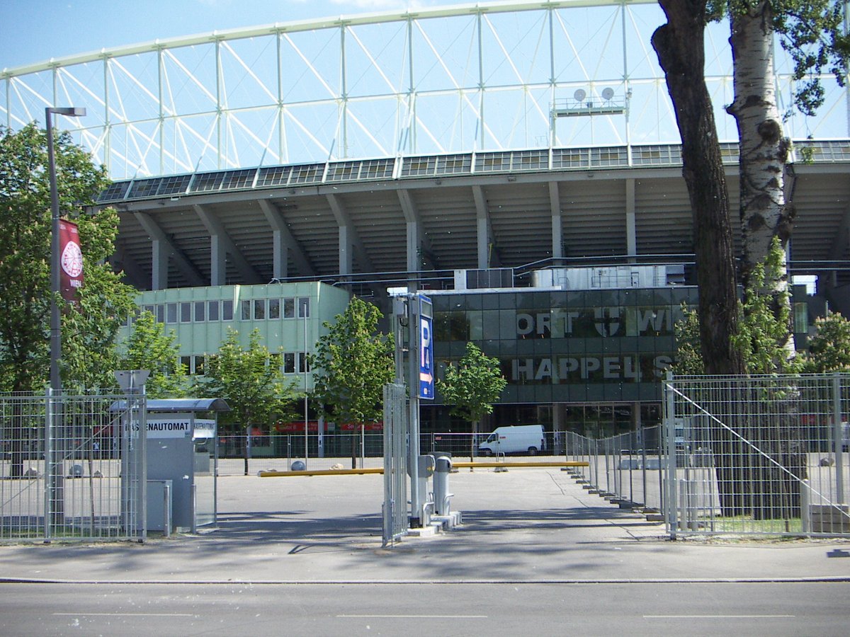 Ernst Happel Stadion exterior in Vienna with well-lit facade