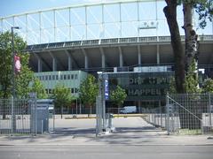 Ernst Happel Stadion exterior in Vienna with well-lit facade