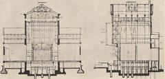 Cross-section architectural drawing of National Theater Sofia by architect Martin Dülfer showing stage mechanisms