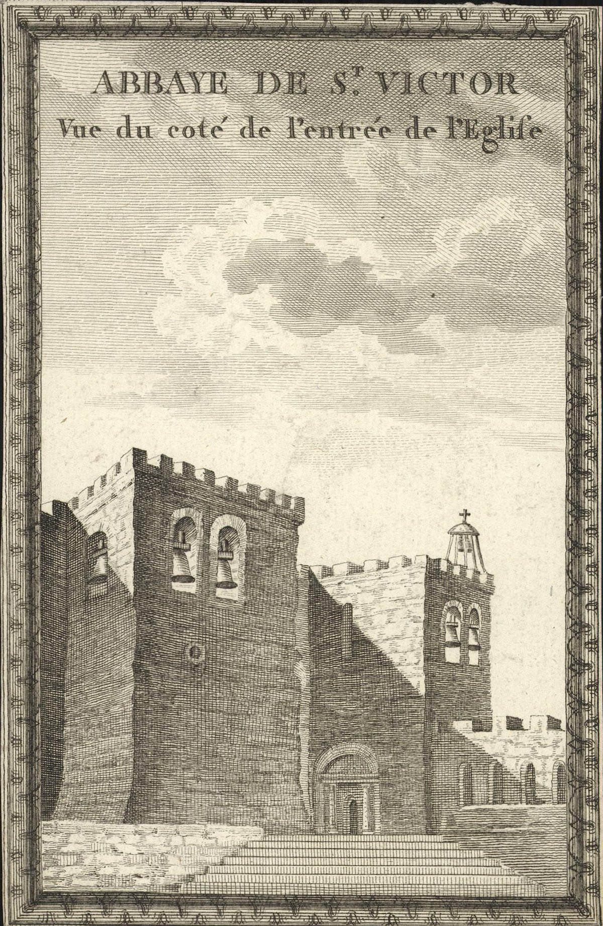 View of the entrance side of the Church at Abbaye de St. Victor in Marseille, 18th century print