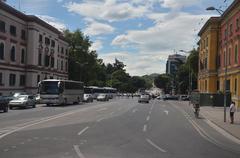 Tirana cityscape in July 2017 with colorful buildings and clear sky