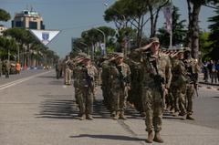 Florida Army National Guard Soldiers of 53rd Infantry Brigade Combat Team saluting during Immediate Response 21 military ceremony in Tirana Albania May 2021