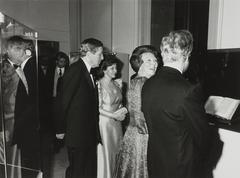 Queen Beatrix and Prince Claus visiting Rijksmuseum van Oudheden with President Sartzetakis of Greece and spouse during Greek antiquities exhibition in Leiden April 1989 black and white photo