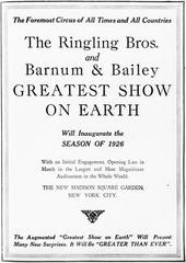 1926 Ringling Bros. and Barnum & Bailey Greatest Show on Earth advertisement from The Billboard magazine, December 12, 1925