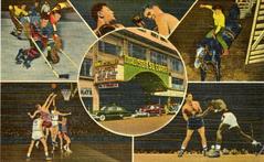 Madison Square Garden showcasing four sporting events: boxing, basketball, hockey, and rodeo