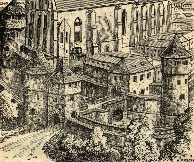 Reconstruction drawing of Weidritzer Tor in Pressburg by Karl Frech around 1928