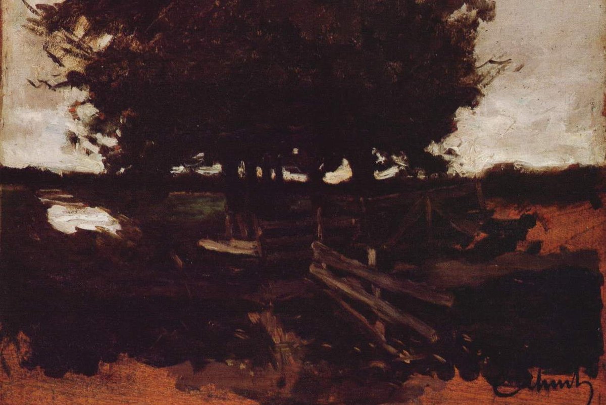 Painting of a group of trees with a wooden fence by Carl Schuch
