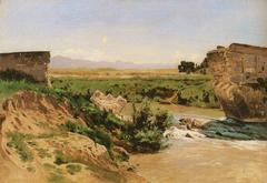 Artistic painting of a bridge ruin over a river