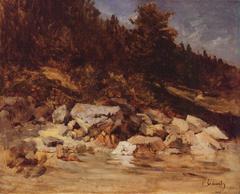 Painting of Geröll am Ufer des Hintersees by Carl Schuch depicting a rocky shore of Hintersee lake with dense green forest in the background