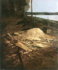 Painting of a saw pit in a forested area by Carl Schuch