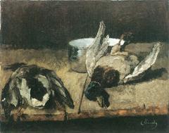 Painting of two wild ducks with an enamel pot by Carl Schuch