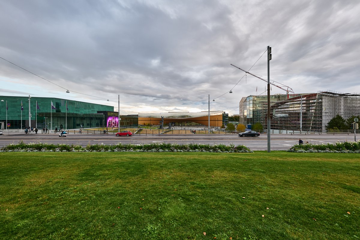 Exterior view of Helsinki Central Library Oodi with modern architecture