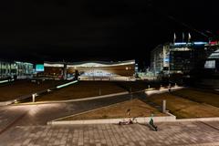 Helsinki Central Library Oodi illuminated at night