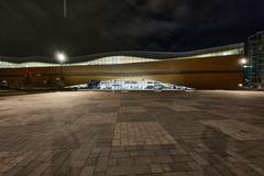 Helsinki Central Library Oodi illuminated at night