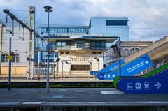 Rennes train station exterior with platforms and trains under overcast sky
