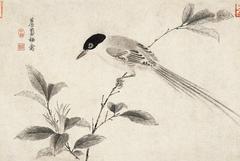 Segment from The Sketching of Rare Birds by Emperor Huizong showing a Cyanopica cyanus bird illustration