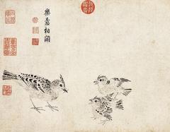 A delicate traditional Chinese painting segment showing a Galerida theklae bird from The Sketching of Rare Birds by Emperor Huizong of Song