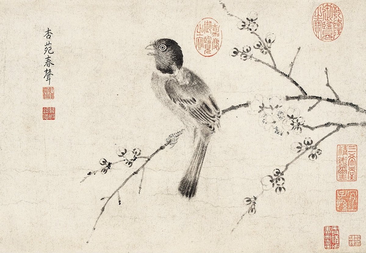 A traditional Chinese painting of a Spizixos semitorques bird from The Sketching of Rare Birds by Emperor Huizong of Song
