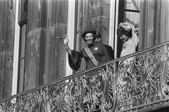 Queen Beatrix, Prince Claus and Princess Margriet on the balcony of Paleis Lange Voorhout during Prinsjesdag 1980 in The Hague