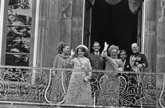 Dutch Royal Family waving to the public from a palace balcony during the Opening of the Staten-Generaal 1968 in The Hague