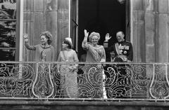 Dutch Royal Family waving to the public from a balcony of Lange Voorhout Palace in The Hague on September 17, 1968