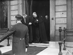 Archbishop De Jong of Utrecht leaving the Lange Voorhout palace after visiting Queen Wilhelmina in The Hague on January 16, 1946