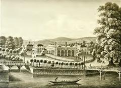 Zürich Nordostbahngesellschaft train station in 1847 with bridge over Schanzengraben, Schützenplatz and Langer Steg