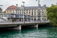 Bahnhofbrücke bridge in Zürich with city buildings in background