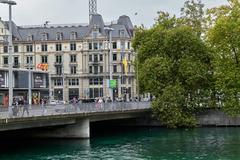 Bahnhofbrücke bridge in Zürich spanning the Limmat River with city buildings in the background