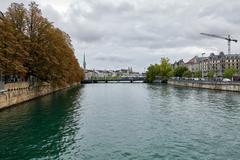 Bahnhofbrücke bridge in Zürich viewed from Walchebrücke with the cityscape in the background