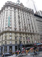 View looking north across Broadway and 32nd Street at Radison Hotel Martinique in New York City on a cloudy day