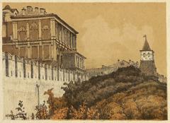 Old Moscow street scene lithograph by Vladimir Sokolov with historic buildings and people