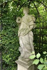 Black and white photograph of a woman statue in a garden, captured in June 2003