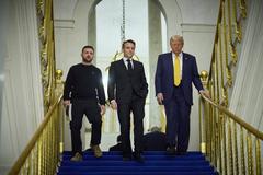 Trilateral meeting in Paris with Ukrainian President Volodymyr Zelenskyy, French President Emmanuel Macron, and U.S. President-elect Donald Trump discussing peace and security for Ukraine
