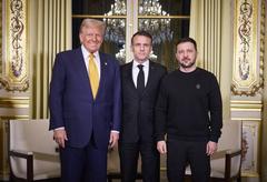 Trilateral meeting in Paris with Volodymyr Zelenskyy, Emmanuel Macron, and Donald Trump discussing peace and security for Ukraine