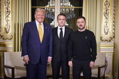 Trilateral meeting in Paris featuring Ukrainian President Volodymyr Zelenskyy, French President Emmanuel Macron, and U.S. President-elect Donald Trump on December 7, 2024