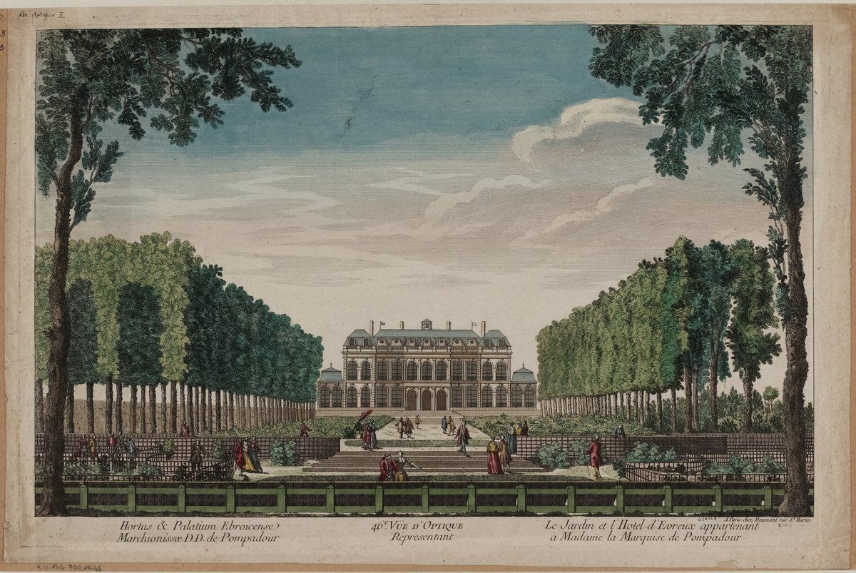 Optical view depicting the garden and Hotel d'Evreux belonging to Madame la Marquise de Pompadour, 18th century etching.