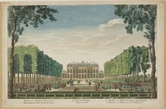 Optical view engraving of the garden and Hotel d'Evreux belonging to Madame la Marquise de Pompadour, Paris, circa 1750