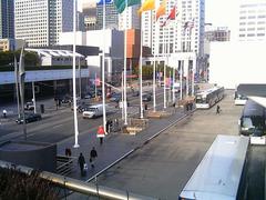 Colored flags flying high outside Moscone Convention Center in San Francisco