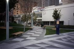 Yerba Buena Center for the Arts side view from Yerba Buena Gardens at twilight in San Francisco