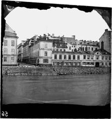 Historic intersection of Strömgatan and Drottninggatan streets in Stockholm with the Sager House visible before its 1883 and circa 1900 reconstruction